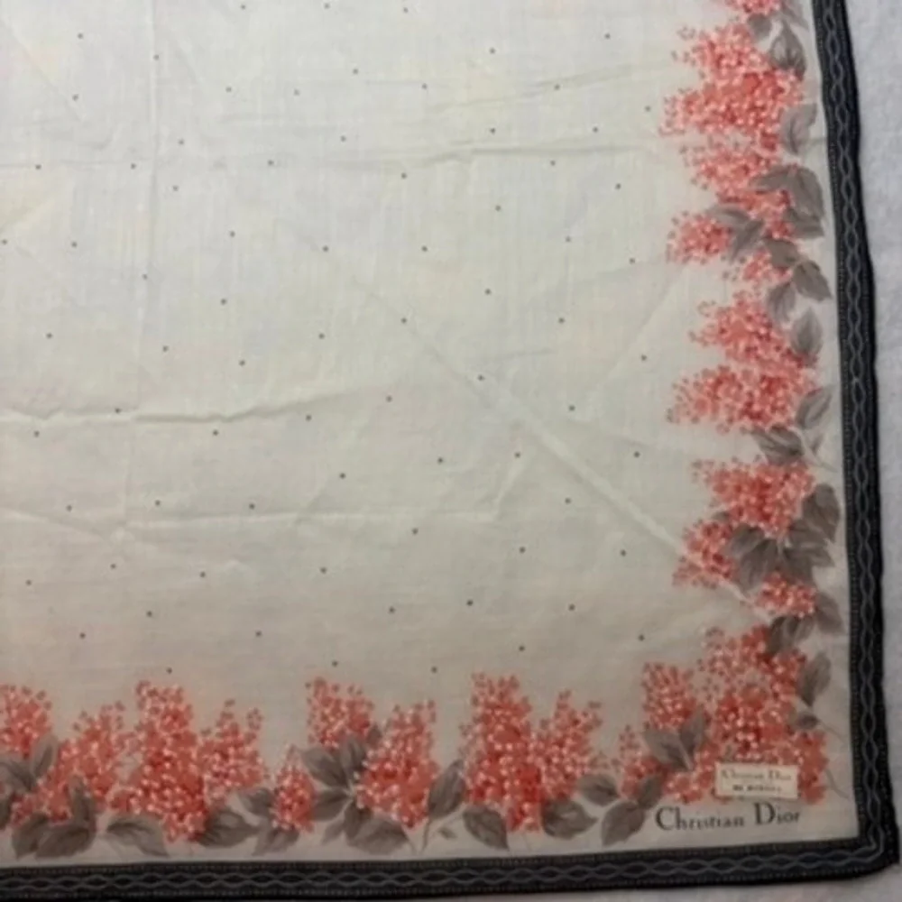 VTG CHRISTIAN DIOR Scarf Handkerchief Floral Polka Dot Cotton White Coral 18.5